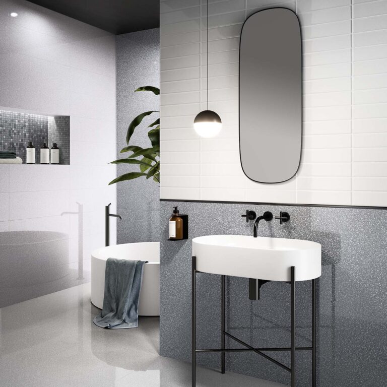 CSA_NEWDOT_Solidbrick White-Newdot Pearl-Newdot Graphite-Dotmosaic Graphite-Listello Solidbrick Graphite-Dotfloor Milk 6060 Kry_bathroom
